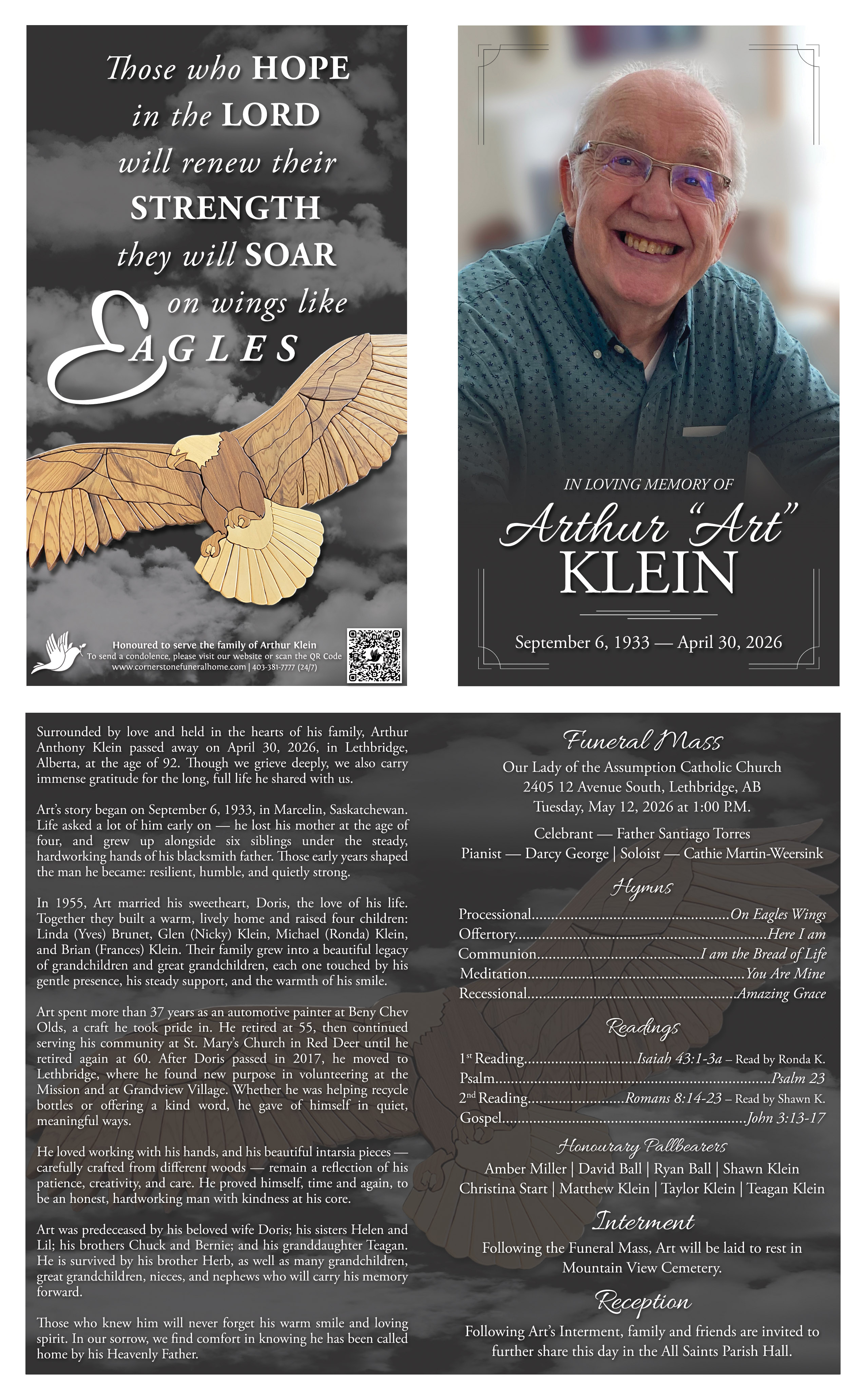 Memorial card for Arthur "Art" Anthony Klein